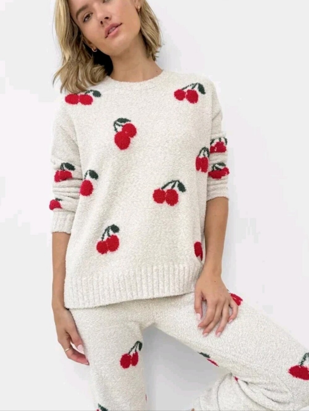 Splendid 2 Pc Fuzzy Sweater Lounge Set S Cherries Oatmeal Cozy